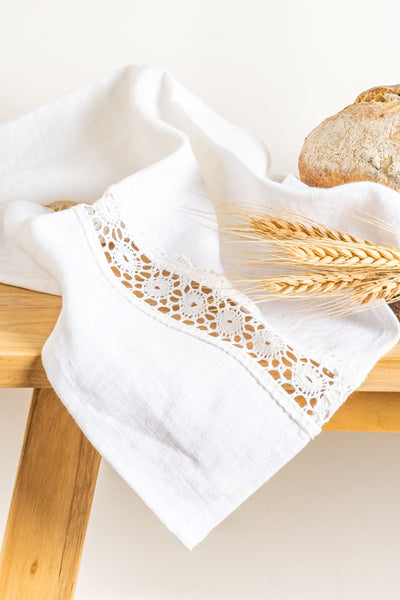 White Linen Tea Towel with White Linen Lace
