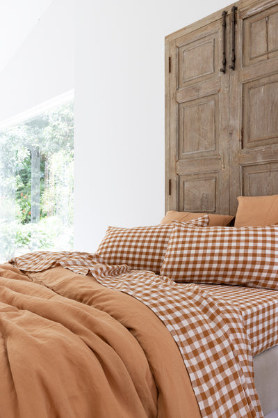 Cinnamon Gingham Linen Pillowcase - European - Set of 2