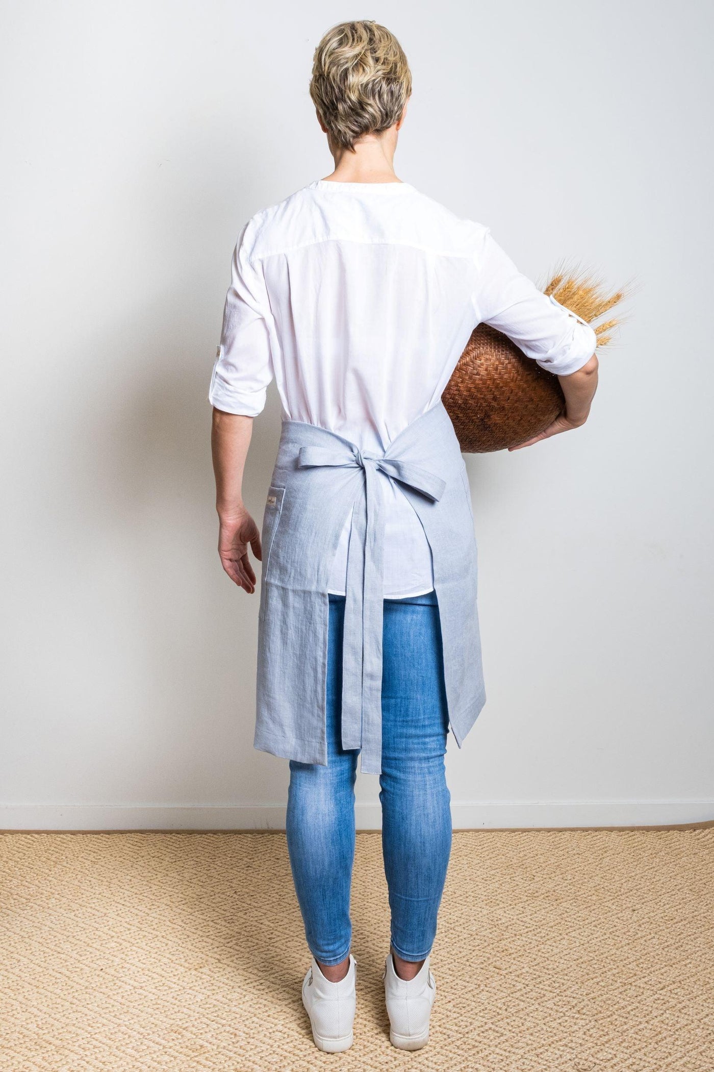 Linen Waist Apron in Light Blue - LinenBarn