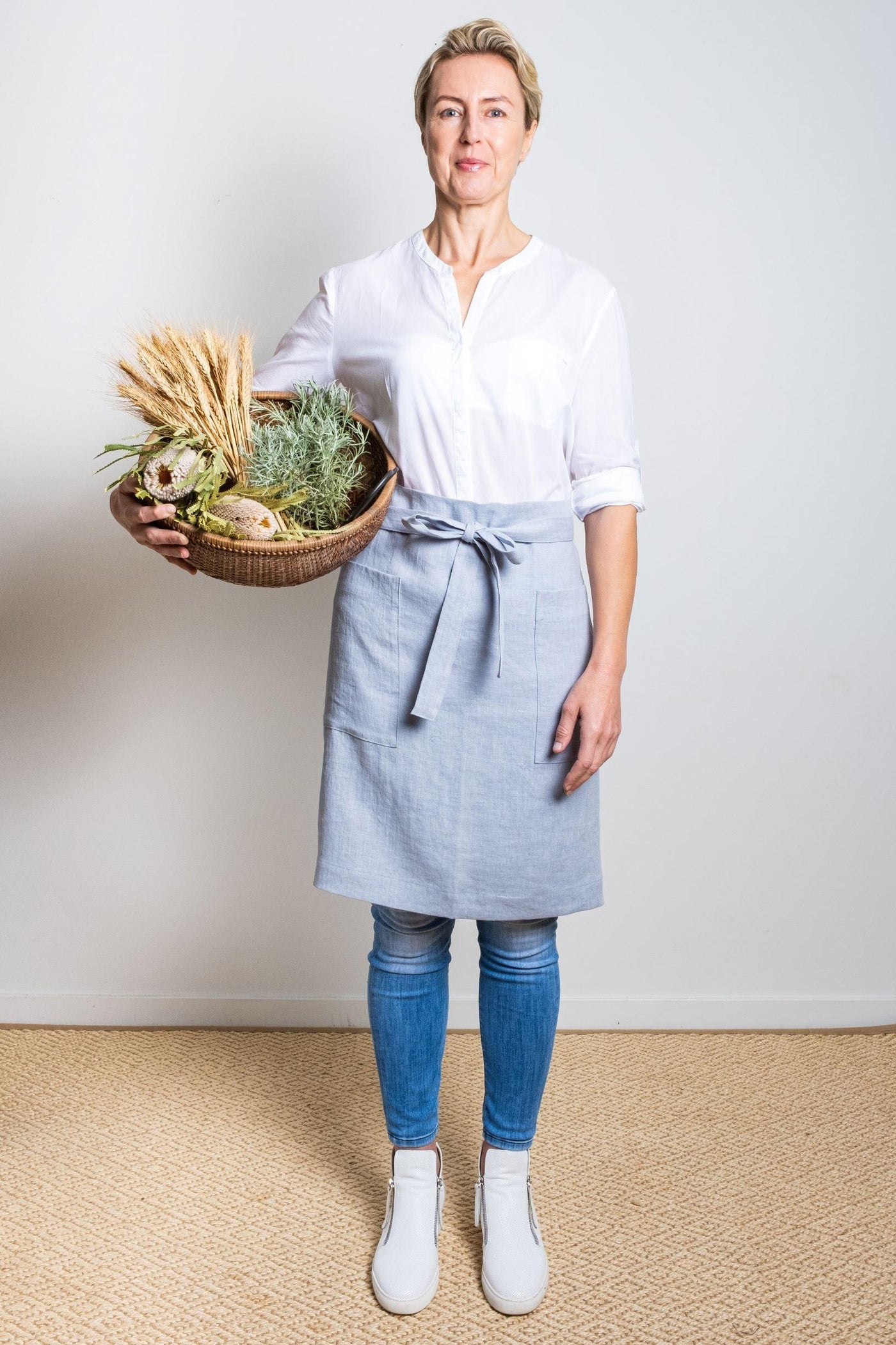 Linen Waist Apron in Light Blue - LinenBarn