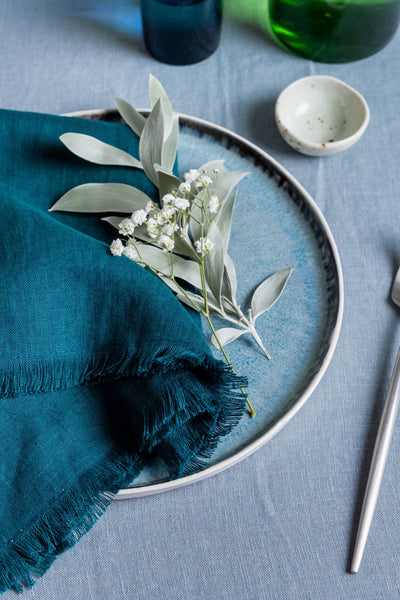 Turquoise linen napkins - frayed edges - LinenBar