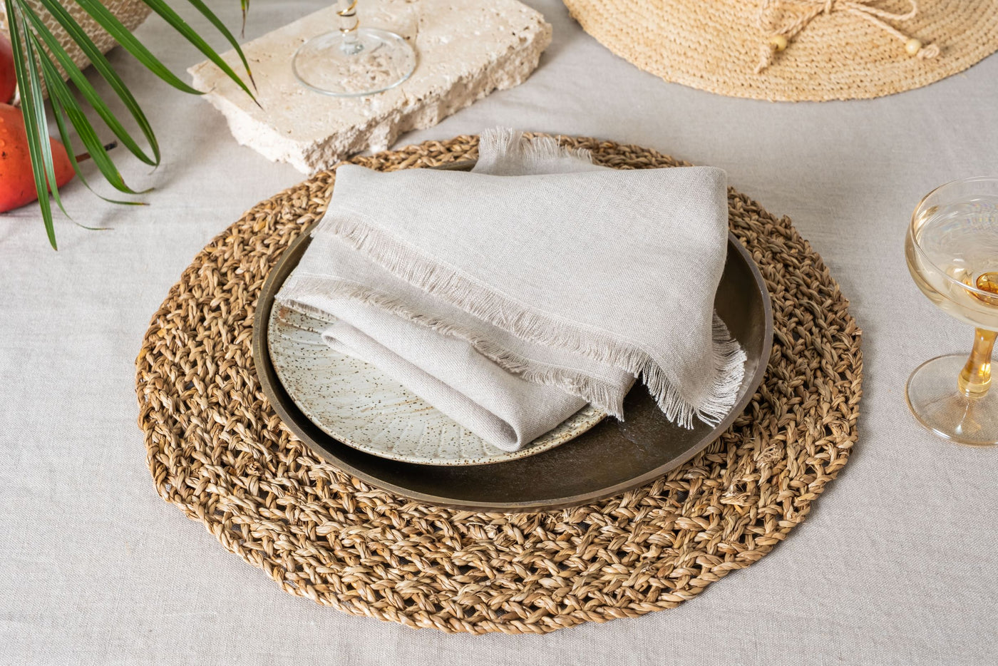 Natural Beige Linen Tablecloth - Frayed Edges