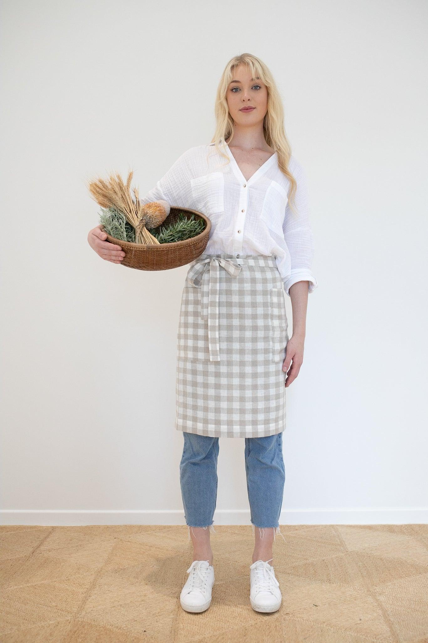 Beige Gingham Linen Waist Apron - LinenBarn