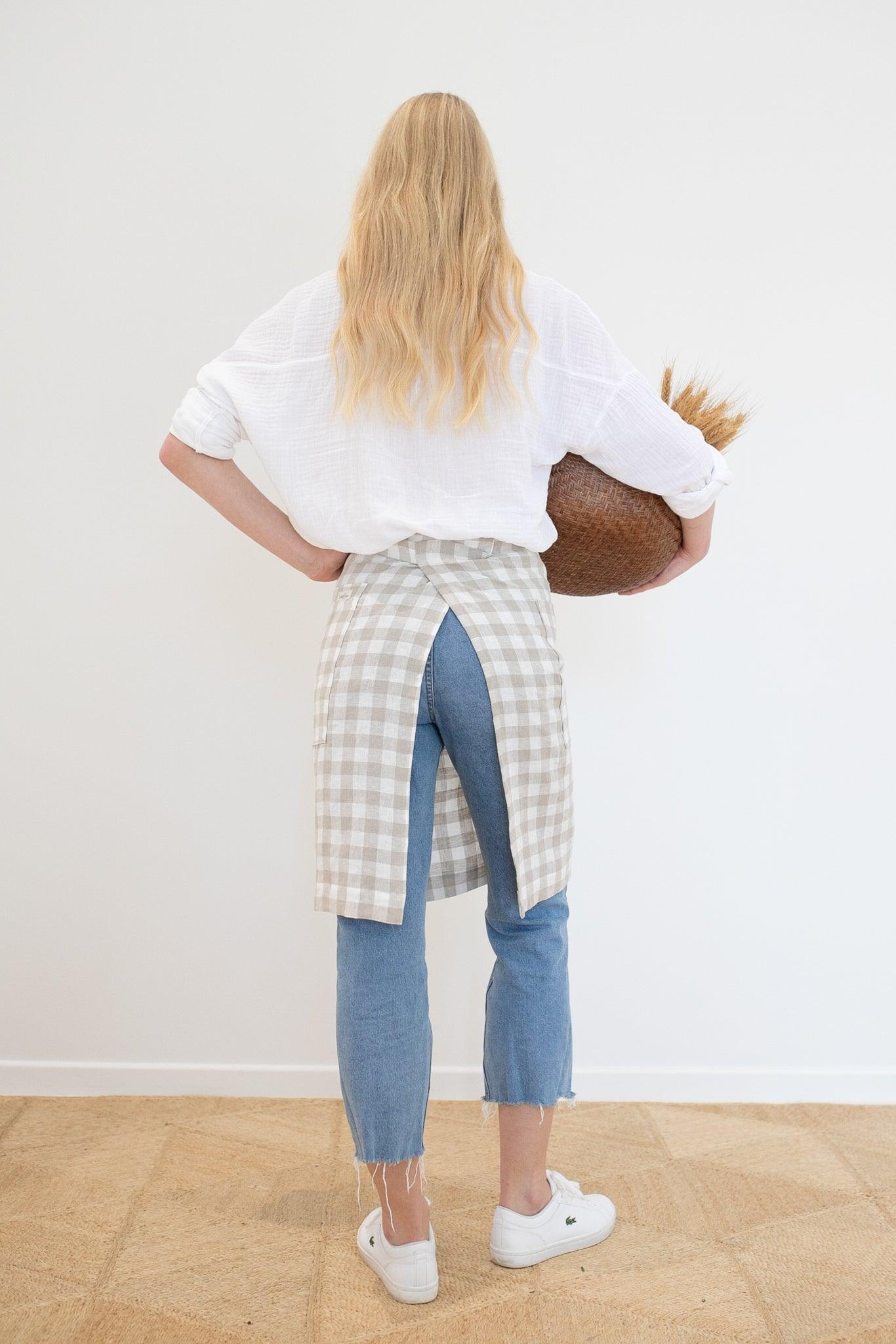 Beige Gingham Linen Waist Apron - LinenBarn