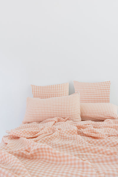 Peach Gingham Linen Pillowcase - Standard - Set of 2