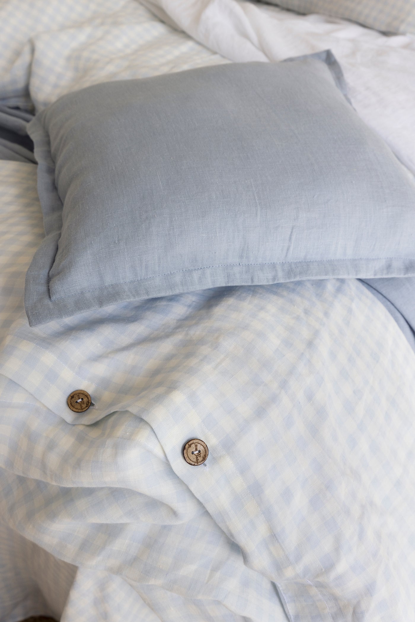 Light Blue Gingham 100% Certified European Linen Quilt Set