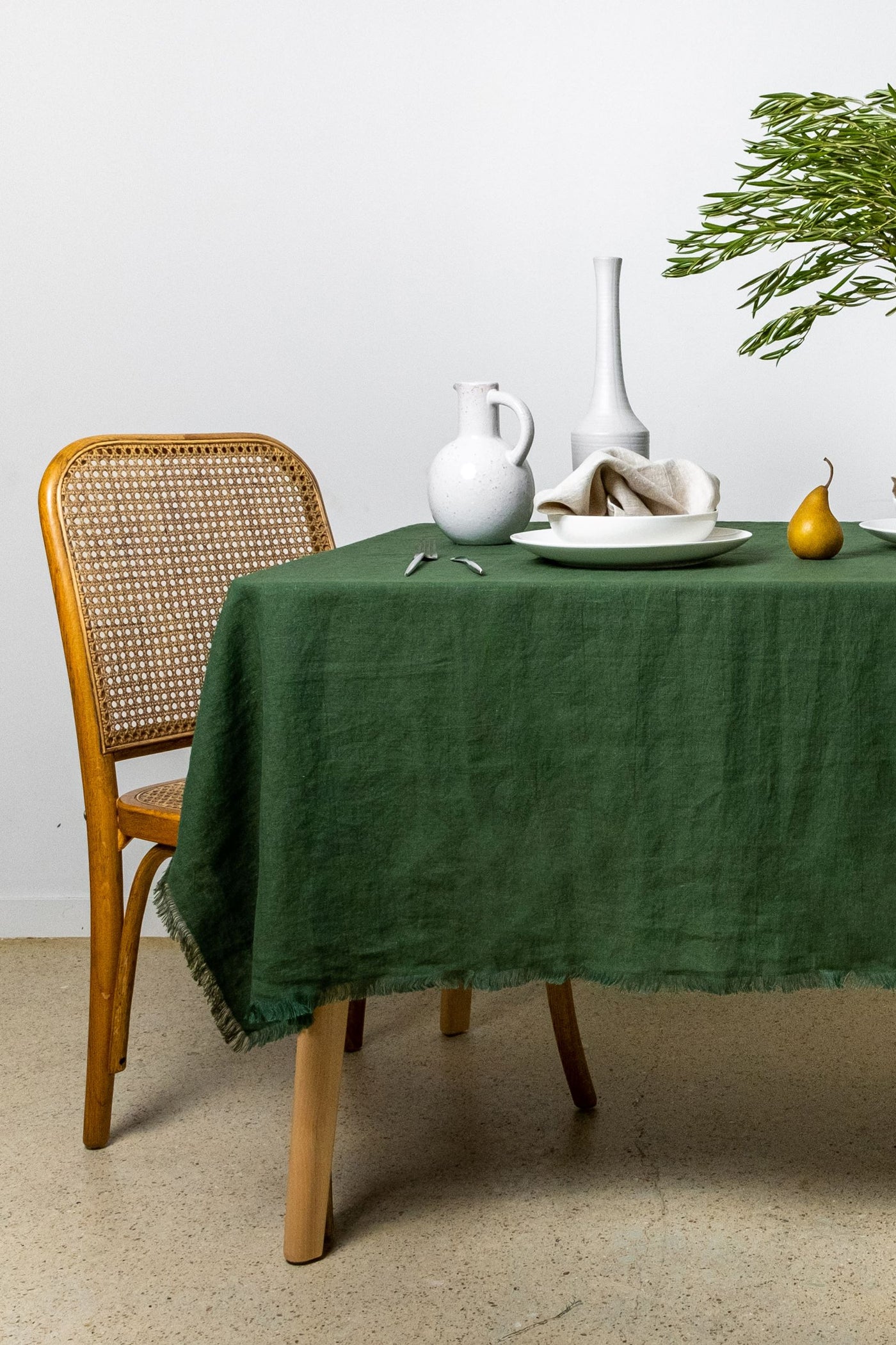 Moss Green Linen Tablecloth with Frayed Edges