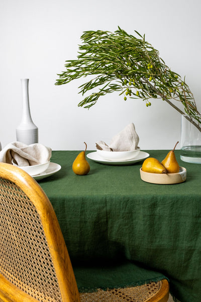 Pure European linen tablecloth in Moss Green with frayed edges