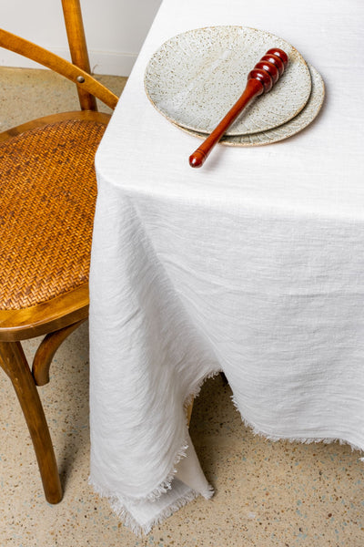  White Linen Tablecloth 'Down to Earth' - Frayed Edges