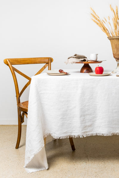 Rustic White Linen Tablecloth 'Down to Earth' - Frayed Edges