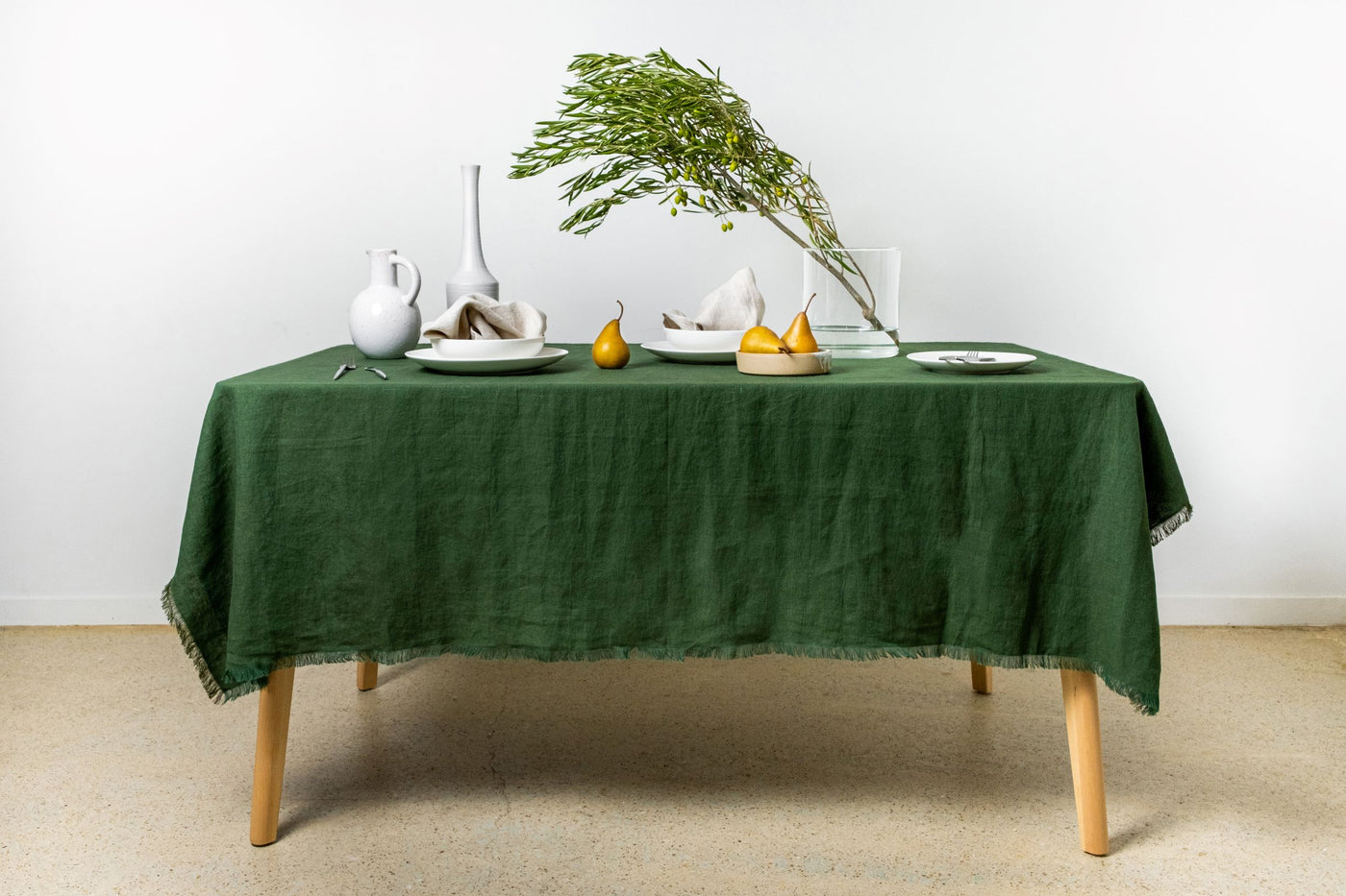 Moss Green linen tablecloth with frayed edges
